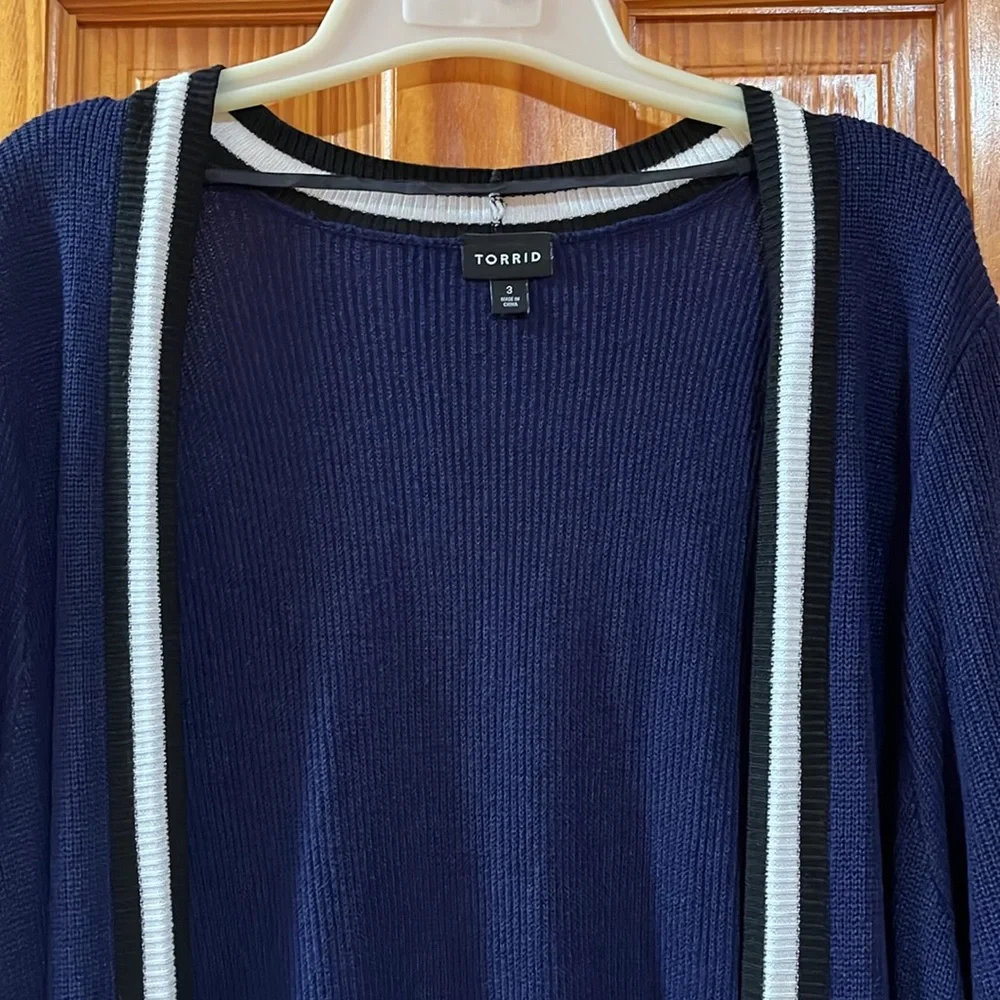 Torrid Colorblock Navy Blue Open Front Long Line Cardigan Sweater Size 3 - Picture 7 of 14